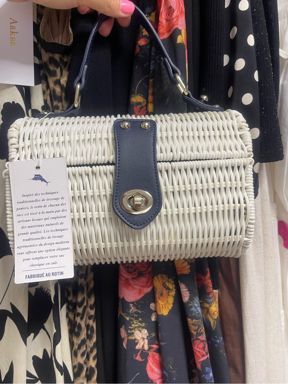 Tommy Bahama White Woven Rattan Crossbody with Navy Trim